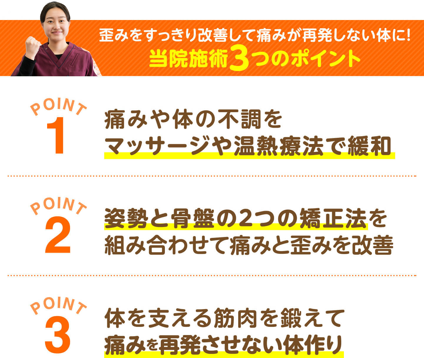 歪みをすっきり改善して痛みが再発しない体に 当院施術3つのポイント（マッサージや温熱療法で緩和・姿勢と骨盤の2つの矯正法・体を支える筋肉を鍛える）