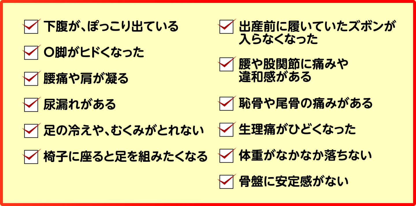 産後のお悩みチェックリスト（下腹がぽっこり出ている・O脚がヒドくなった・腰痛や肩が凝る・尿漏れがある・足の冷えやむくみ・出産前のズボンが入らない・生理痛がひどくなった・体重が落ちない・骨盤に安定感がない など）