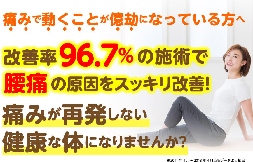 痛みで動くことが億劫になっている方へ 改善率96.7%の施術で腰痛の原因をスッキリ改善 痛みが再発しない健康な体になりませんか？