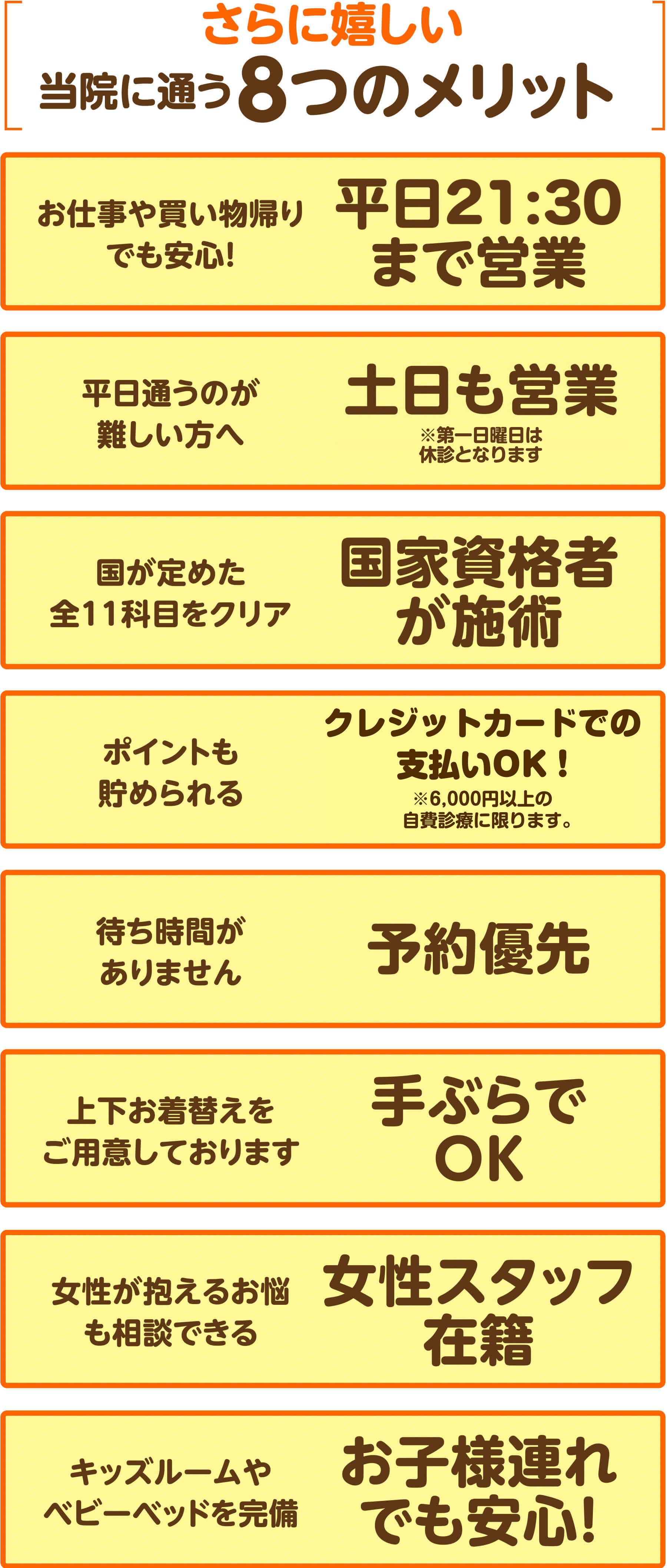 さらに嬉しい当院に通う8つのメリット（平日20:30まで営業・土日も営業・国家資格者が施術・手ぶらでOK・予約優先・女性スタッフ在籍・クレジットカード支払OK・お子様連れでも安心）