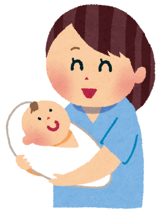 出産後に赤ちゃんを抱く女性のイラスト