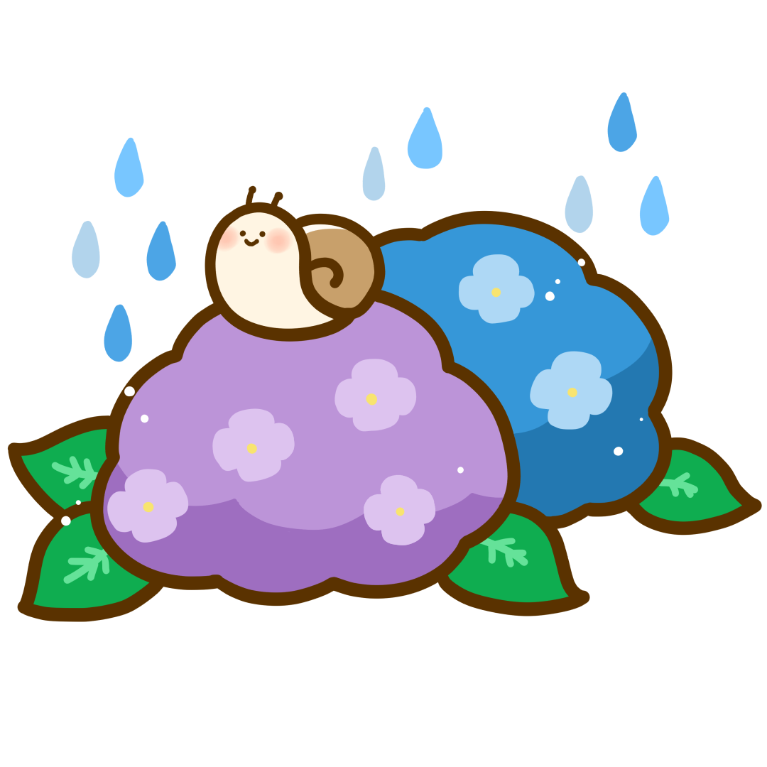 雨に濡れるカタツムリと紫陽花のイラスト